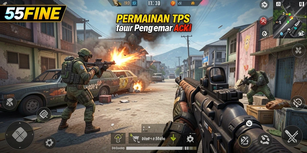 Screenshot dari gameplay <strong>55FIVE</strong> menampilkan aksi seru dalam pertempuran.