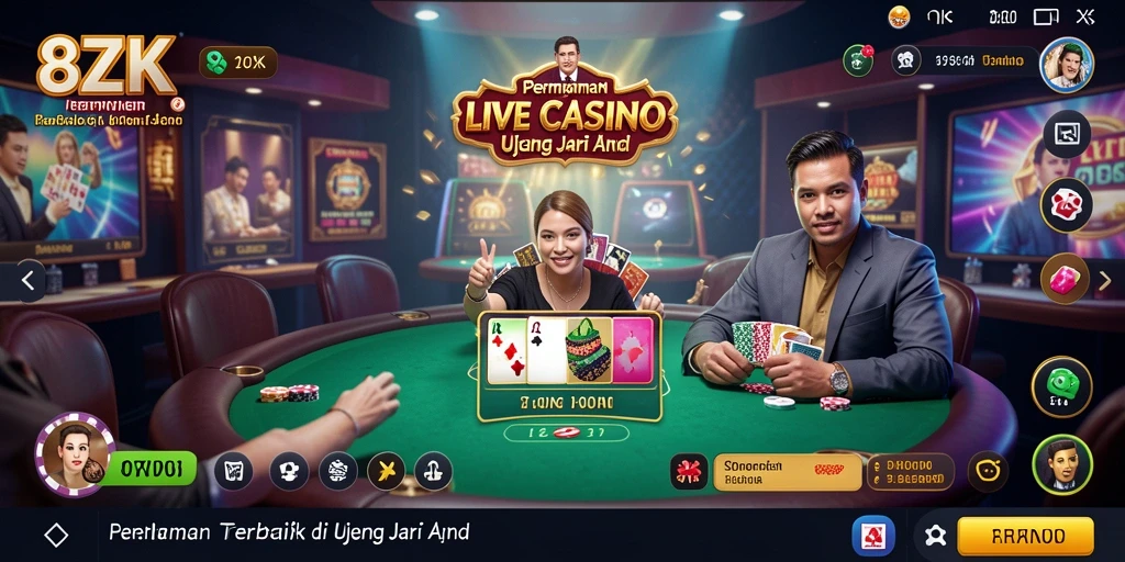 Screenshot gameplay 8ZK menampilkan dealer langsung dan suasana kasino yang mengesankan.