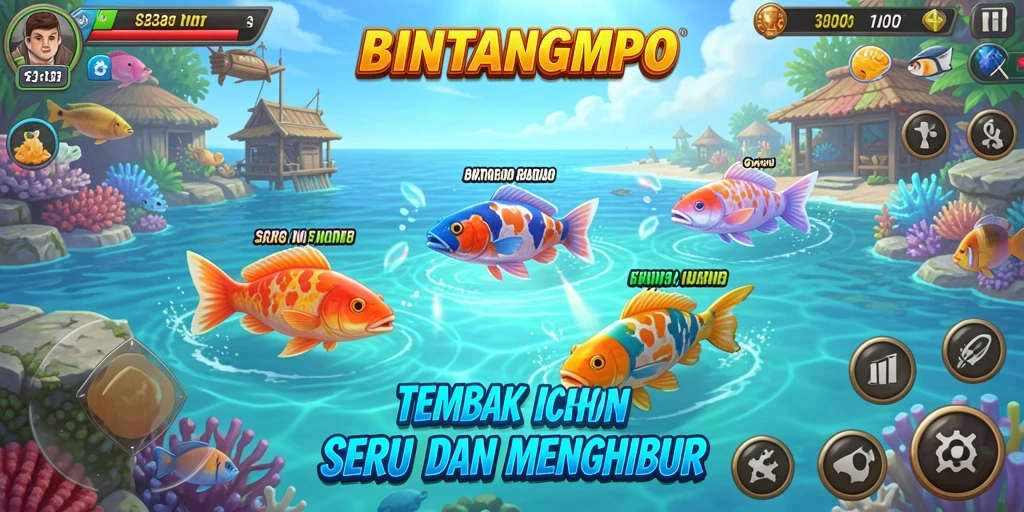 Screenshot gameplay BINTANGMPO dengan aksi tembak ikan yang seru.