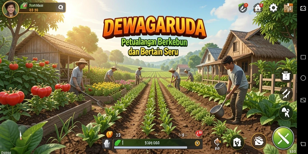 Screenshot gameplay DEWAGARUDA yang menampilkan kebun yang subur.