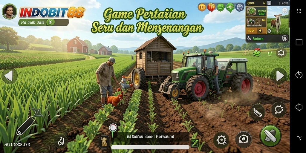 Tampilan utama gameplay INDOBIT88 dengan petak pertanian yang ceria.