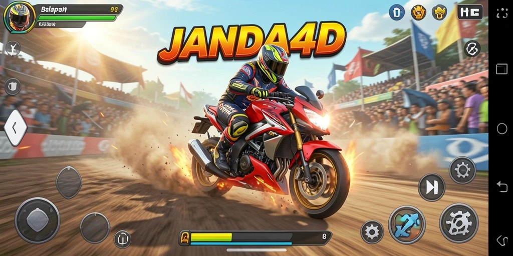 Screenshot utama JANDA4D menampilkan aksi balapan motor yang intens.