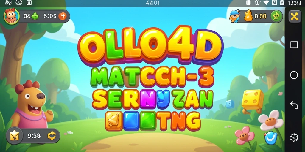 Screenshot menunjukkan gameplay seru dari OLLO4D dengan elemen Match-3 yang berwarna-warni.