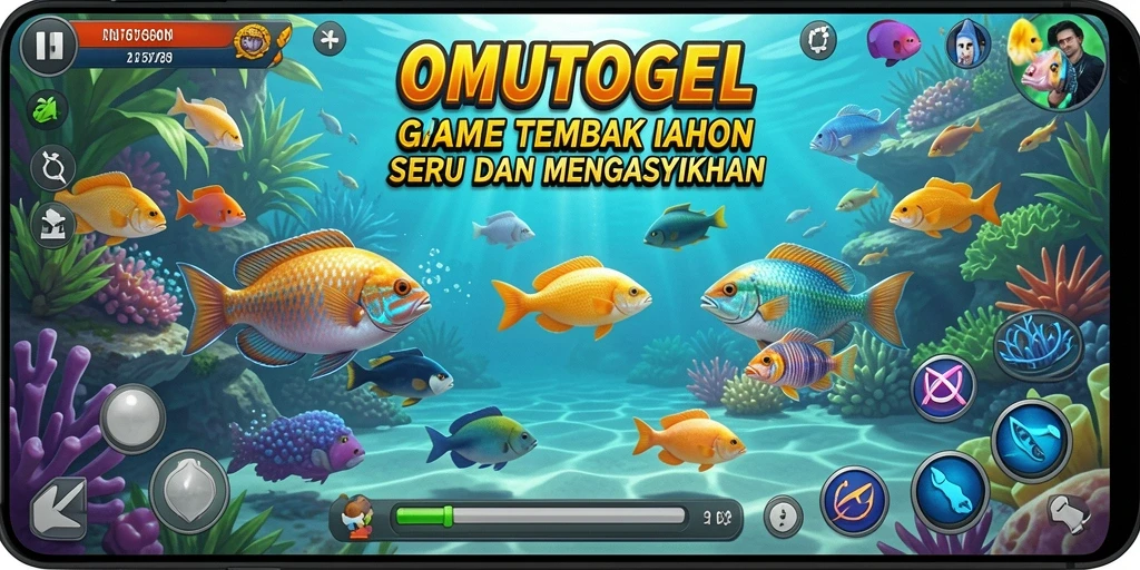 Screenshot gameplay <strong>OMUTOGEL</strong> yang menunjukkan aksi menembak ikan.